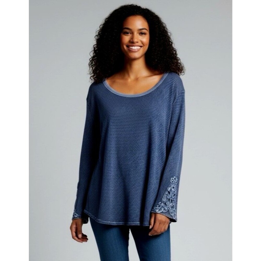 Braeve NEW womens deep blue thermal knit long sleeve boho gypsy top Large